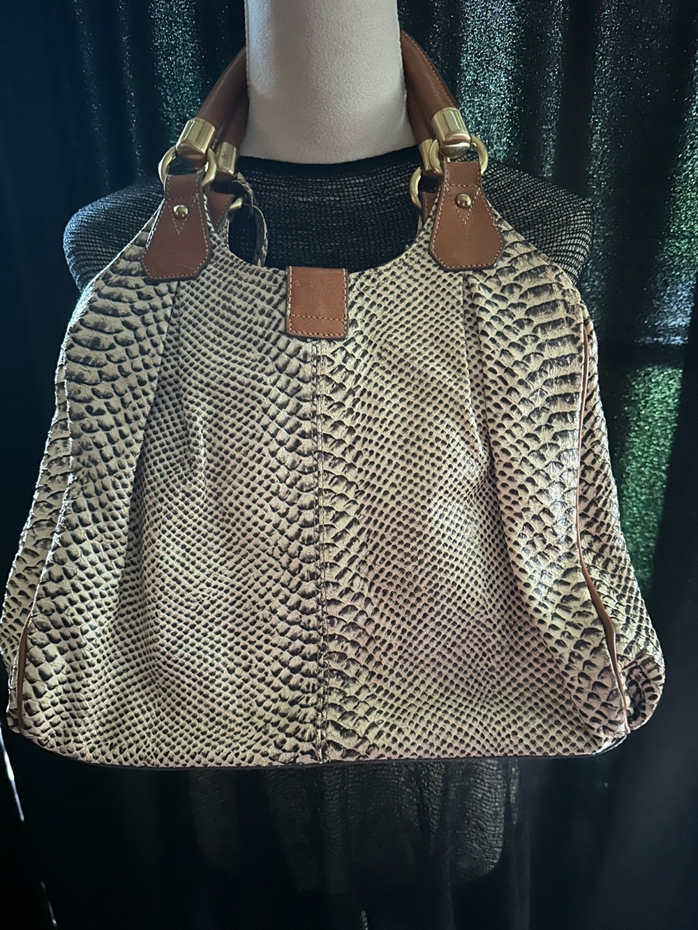 Brahmin Elisa Snake-Embossed Satchel in Beige and Brown